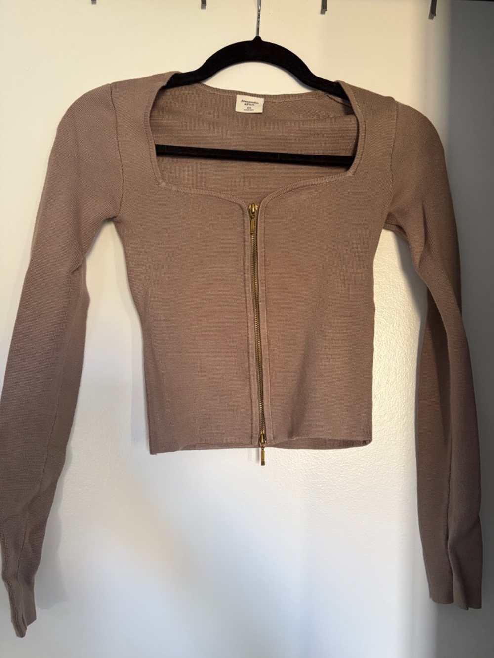 Abercrombie & Fitch Taupe Ribbed Zip-Front Square Neck Sweater